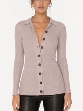 Enza Costa Rib Tunic Cardigan XS Oatmeal Button Front Fitted Minimal Chic